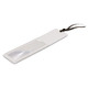 A bookmark magnifier in white with a transparent lens and a brown ribbon attachment. It features a ruler along one edge.