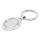 An oval metal key ring with a shiny silver finish featuring an oval section for personalization or branding.