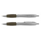 A silver plastic pen with a green rubber grip and a chrome clip, featuring a smooth design and branding.
