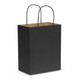 A medium-sized black paper carry bag with black handles and a kraft interior. It features a logo.