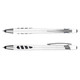 A white plastic stylus pen with silver accents and a textured grip, featuring a logo.