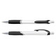 A plastic pen with a coloured barrel featuring a silver and black design and a textured grip. It includes a branding logo.