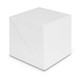 A plain white cube with a smooth surface, featuring a diagonal folded design on one side.