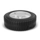 A circular tool kit designed to resemble a tire, featuring a transparent top and a textured black exterior.