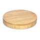 A round bamboo cheese board with a smooth surface and a textured edge, featuring a simple design.