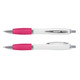 A white barrel pen with a pink grip and chrome accents, featuring a clip and a logo.