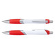 A plastic pen with a white barrel and red accents, featuring a silver clip and grip sections.