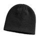 A black knit beanie with a garter stitch pattern and a folded cuff. The beanie has a branding logo.