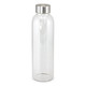 A drink bottle made of clear glass with a stainless steel lid, featuring a sleek, modern design.
