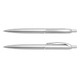 A silver plastic pen set featuring a streamlined design and a clip on one of the pens, with a logo present.