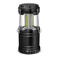 A black COB lantern with a transparent body and dual light strips, featuring a sturdy design and handle for carrying.