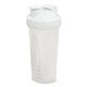 A drink bottle with a white lid and a transparent body, featuring a mixing ball inside.