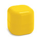 A yellow, square lip balm container with a glossy finish and a small logo on the side.