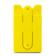A bright yellow phone wallet with a clip design, featuring a simple and sleek shape. It includes a branding logo.