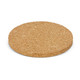 A round cork coaster in a natural light brown colour with a textured surface and a slight thickness.