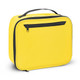 A yellow cooler bag with a black zipper and handle, featuring a front pocket and a simple, rectangular design.