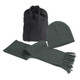 A green beanie and matching scarf set, accompanied by a black drawstring bag.