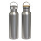 A drink bottle in stainless steel with a sleek finish and a bamboo cap, featuring a handle and a logo.