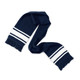 A navy blue scarf with white stripes and fringed ends, featuring a logo.