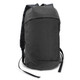 A compact backpack in dark grey, featuring a front zip pocket and adjustable straps. It has a logo on the side.