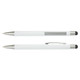 A white metal stylus pen featuring a silver clip and tip, with a transparent section showing the ink cartridge.