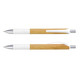 A bamboo pen with silver accents and a white grip, featuring a clip and a minimalist design.