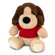 A plush dog toy with brown and beige fur, wearing a red t-shirt, sitting in a playful position.