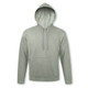 A light green hooded sweatshirt with a front pouch pocket and a drawstring hood. It features a logo.