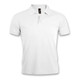 A white men's polo shirt with a classic collar and three-button placket, featuring a logo on the tag.