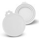 Two white silicone reusable can lids, one positioned above the other, featuring a decorative handle.