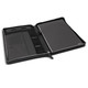 A black A4 portfolio with a zipper, featuring interior pockets and a sleek design for organisation.