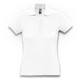 A white women's polo shirt with a collar, short sleeves, and a buttoned placket, featuring a logo on the chest.