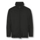 A black windbreaker jacket with a zip front and stand-up collar, featuring elastic cuffs and a drawstring hem.