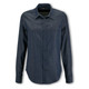 A women's denim button-up shirt in dark blue with a single chest pocket and a collar. It has a logo on the label.