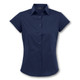 A navy button-up shirt with short sleeves and a collared neckline, featuring a logo on the chest.