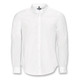 A white long sleeve button-up shirt with a collar and one logo on the chest.