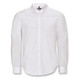 A white long sleeve button-up shirt with a classic collar and a logo on the upper left side.