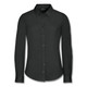 A black long sleeve button-up shirt for women with a classic collar and front buttons, featuring a logo.