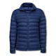 A navy blue women's puffer jacket with a zip front and quilted design, featuring a collar and logo.