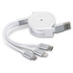 A retractable white charging cable with USB, Lightning, and USB-C connectors, featuring a silver accent.