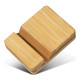 A bamboo phone stand in a natural finish with a sleek design and a slotted section for device placement.