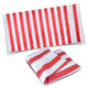 A large red and white striped beach towel folded and laid out flat, featuring a branding logo.
