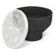 A black silicone microwave popcorn popper with a transparent lid featuring white spots.