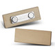 A wooden badge with a smooth surface, featuring a magnetic backing and a caution label.