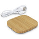 A square bamboo wireless charger in natural wood colour, accompanied by a white USB charging cable.
