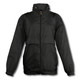 A black windbreaker jacket with a front zipper, long sleeves, and a collar. It features a logo on the front.