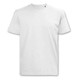 A plain white T-shirt with a round neck and short sleeves, featuring a logo on the label.