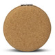 A round compact mirror with a natural cork exterior and a silver clasp.