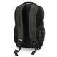 A dark grey backpack with padded straps and a textured back, featuring a logo on one side.