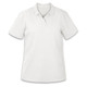 A white women's polo shirt featuring a collar and short sleeves, with a logo on the chest.